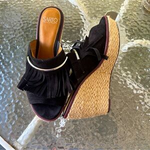 Franco Sarto black velvet wedge sandals with fringe (size 10)